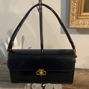 Vintage Vinyl or Patent Satchel Shoulder Bag Gold Accents Adjustable Strap 9x5x3